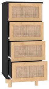 fekete tömör fenyő/természetes rattan tálalószekrény 40x30x90cm