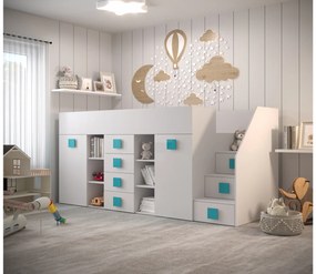 Kombinált gyerekágy 90 cm Toreno 3 (fehér + fényes fehér + fényes türkiz fogantyúk) (J). 1083332