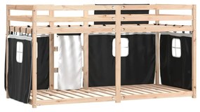 fehér/fekete tömör fenyőfa emeletes ágy függönyökkel 90x190 cm