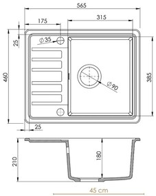 Mosogató Quality Sapphire, gránit konyhai mosogató 565x460x180 mm + kézi szifon, 1 kamrás, fehér, SKQ-SAP.W.1KKO.X