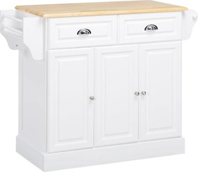 HOMCOM Konyhai Sziget Kocsi Kerekekkel, Többfunkciós Kocsi 2 Fiókkal, 3 Ajtóval, Törölközőtartóval és Fűszerfiókkal, 110x45x91 cm, Fehér | Aosom