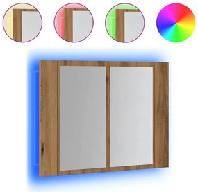kézműves tölgyszínű szerelt fa tükörszekrény LED-del 60x12x45cm