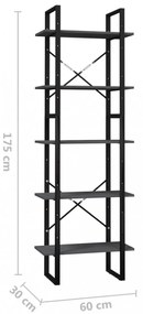ötszintes szürke fenyőfa könyvszekrény 60 x 30 x 175 cm