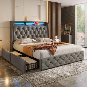 Kárpitozott ágy Franciaágy 140x190m Usb Led 4 fiók szürke