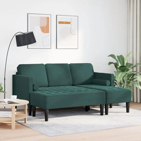 Kerti kanapé padokkal és párnákkal L-alakú sötét zöld bársony, 3-Fős kanapé lábváltozattal sötét zöld 160 cm bársony, Pad sötét zöld 113x57x39 cm bársony