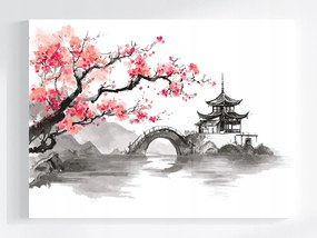 Vászonkép Canvas Ázsia Kína Pagoda Híd Cseresznyefa Sakura 100x75
