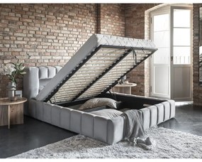 Világosszürke kárpitozott ágyneműtartós franciaágy ágyráccsal 140x200 cm Lamica – ELTAP