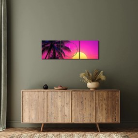 Kép - Lila naplemente pálmafával (órával) (90x30 cm)
