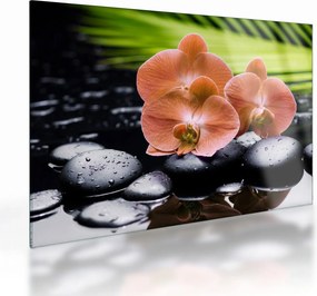 Üveg kép - Narancssárga orchidea pálmalevelekkel (70x50 cm)