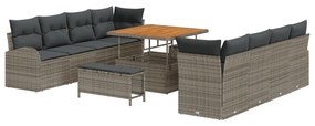 11 darabos Kerti Sofa Szett Párnákkal Szürke Poli Rattan Akácia, 2 személyes Kerti Sofa Tárolóval és Párnákkal Szürke Poli Rattan, 3 darabos Kerti Étkező Szett Párnákkal Szürke Poli Rattan Akácia