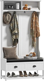 HOMCOM 2 az 1-ben Kabáttartó, Ruhakilógató 4 Horoggal, Szekrény Cipőpaddal és Polcokkal, Falvédő Anti-Flip Védelemmel, Bejárati Területhez, Előszobáho