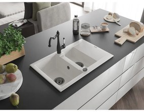 Mexen Gaspar, gránit mosogató 752x436x161 mm, 1,5 kamrás és mosogató csaptelep Carla, fehér, 6507-20-670700-70