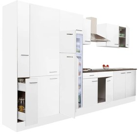 Yorki 360 konyhabútor fehér korpusz,selyemfényű fehér fronttal polcos szekrénnyel és felülfagyasztós hűtős szekrénnyel