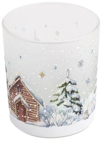 Karácsonyi üveg mécsestartó 10x9 cm - erdei ház havas