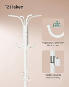 Álló fém ruhafogas, esernyőtartóval, 12 akasztóval, gyöngyházfehér 175 cm magas