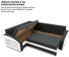 Grande sarokkanapé polcokkal , polc a bal karfaban, baloldali, szövet anyag, hab töltet, szürke - fehér