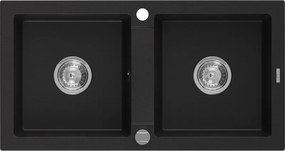 Mexen Mario gránit 2-medencés mosogató 820 x 436 mm, fekete, króm szifon - 6504822000-77