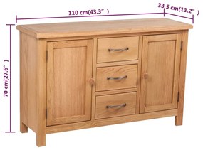 háromfiókos tömör tölgyfa tálalószekrény 110 x 33,5 x 70 cm