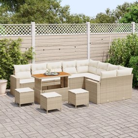 12 részes Kerti Kanapé Szett Párnákkal Bézs Poly Rattan Akácia, 3 részes Kerti Étkező Szett Párnákkal Bézs Poly Rattan Akácia