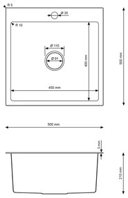 Erga HD, 1 kamrás acél mosogató 500x500x210 mm, grafit, ERG-MLS-HD5050B