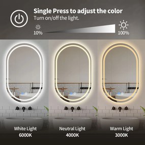 Erga Lyra, ovális LED tükör 60x100cm, 3 színű fény, első és hátsó világítás, páramentes fűtőbetét, ERG-V01-Lyra-6010-CL