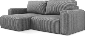 Szürke kordbársony kinyitható-tárolóhelyes sarokkanapé (bal oldali-heverő résszel) Kona – Makamii