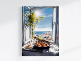 Canvas Vászonkép Ablak Konyha Tenger Paella Bor Spanyolország 75x100