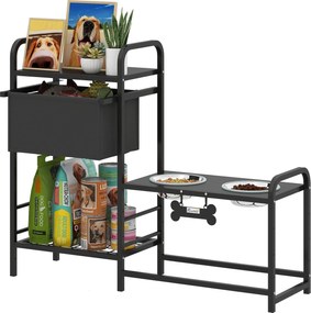 PawHut állítható magasságú emelt kutyaetető tárolóval — 2×800 ml rozsdamentes tál, kétszintes polc, fekete | Aosom