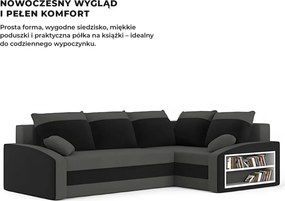 Grande sarokkanapé polcokkal , polc a jobb karfaban, jobboldali, szövet anyag, bonell töltet, szürke - fekete