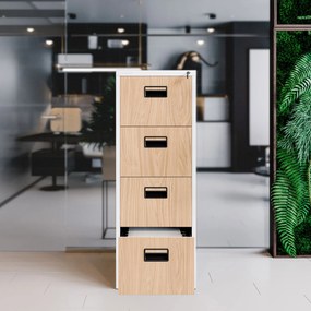 Fém irattartó szekrény, 4 fiókos SARA V4, 460 x 1320 x 620 mm, Eco Design: fehér/ sonoma tölgy