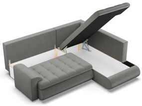 Tokio sarokkanapé, L alakú háttámlával, 2 ágyneműtartóval, bársony, jobboldali, világosszürke