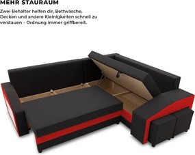 Grande sarokkanapé polcokkal és puffokkal , polc a bal karfaban puffok a jobb karfaban, jobboldali, szövet anyag, bonell töltet, fekete - piros