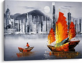 Festmény - Victoria Harbour, Hong Kong, fekete-fehér olajfestmény (70x50 cm)