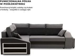 Grande sarokkanapé polcokkal és puffokkal , polc a bal karfaban puffok a jobb karfaban, baloldali, szövet anyag, bonell töltet, szürke - fekete