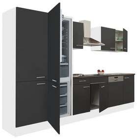 Yorki 340 konyhabútor fehér korpusz,selyemfényű antracit fronttal polcos szekrénnyel és alulfagyasztós hűtős szekrénnyel