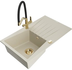 Mexen Cesar 1-medencés gránit mosogató csepegtetővel és Duo konyhai csapteleppel, bézs - 6514-69-671701-57-G