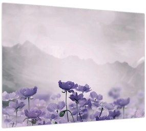 Üveg kép - Lila virágok a hegyekben (70x50 cm)