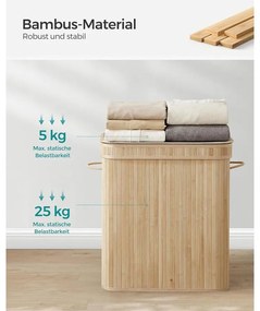 SONGMICS Ruháskosár fedéllel, 100 L-es bambusz szennyestartó