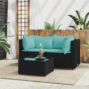 3 részes fekete polyrattan kerti ülőgarnitúra párnákkal
