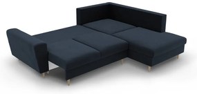 Sötétkék bársony kinyitható tárolóhelyes sarokkanapé (jobb oldali-L alakú) Kyoto – Cosmopolitan Design