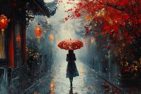 Vászonkép Canvas Nő Esernyő Keleti Utca Őszi Köd 120x80