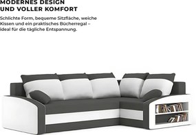 Grande sarokkanapé polcokkal , polc a jobb karfaban, jobboldali, szövet anyag, hab töltet, szürke - fehér