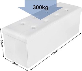 Puff 38 x 110 x 38 cm, műbőr összecsukható tároló ottomán pad, fehér