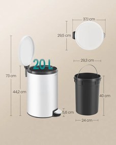 Fém kerek konyhai szemetes, 20 L, pedálos, levehető belső vödörrel, fehér