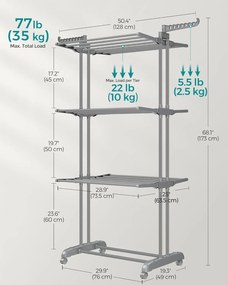 Összecsukható 4 szintes ruhaszárító állvány, mozgatható, 64 x 126 x 172 cm, rozsdamentes acél, lehajtható szárnyakkal, szürke