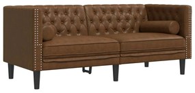 2 részes barna művelúr Chesterfield kanapészett hengerpárnákkal