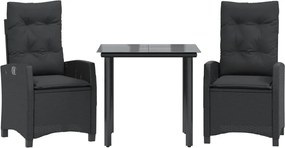 vidaXL 3 részes fekete polyrattan kerti étkezőgarnitúra párnákkal