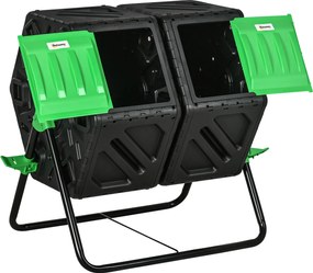 Outsunny 130L Két Kamrás Forgó Komposztáló Kertkomposztáló Szellőzőnyílásokkal és Acél Lábakkal 67x60x77 cm Fekete | Aosom