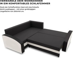 Grande sarokkanapé polcokkal , polc a jobb karfaban, baloldali, szövet anyag, bonell töltet, fekete - fehér