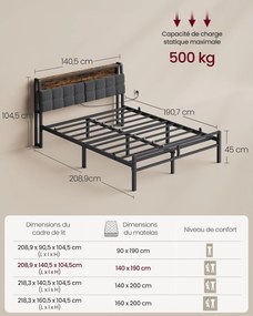 VASAGLE ágykeret 140 x 190 cm 2 fiókkal, LED-világítással, töltőállomással